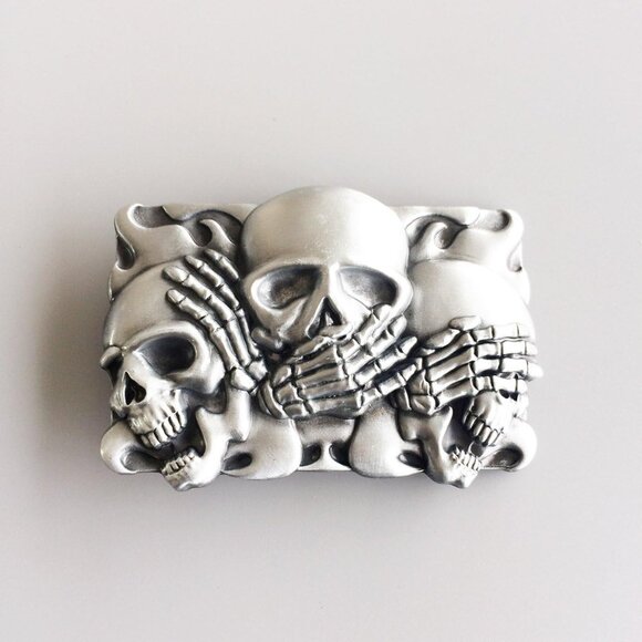 Men's Silver/black Imported Metal Zinc Alloy Vintage Style Shy Skull Belt Buckle - Picture 3 of 6